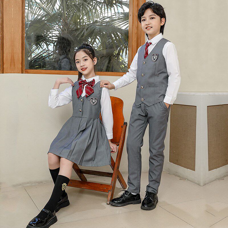 儿童英伦学院风jk小学生班校礼服女背心裙马甲演出男灰色春秋套装