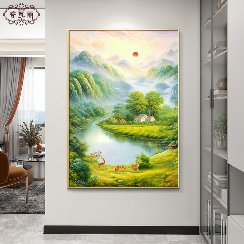 旭日东升玄关装饰画山水风景画进门入户走廊过道壁画客厅手绘油画