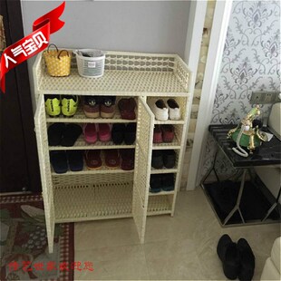 环保简约创意鞋柜大家用草编藤编田园置物门厅柜实木编织储物柜