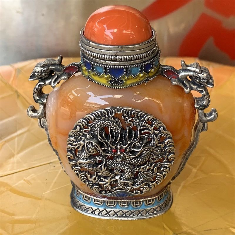 复古怀旧藏族杂项纯铜双面红色仿玛瑙鼻烟壶老货烟具收藏特色工艺