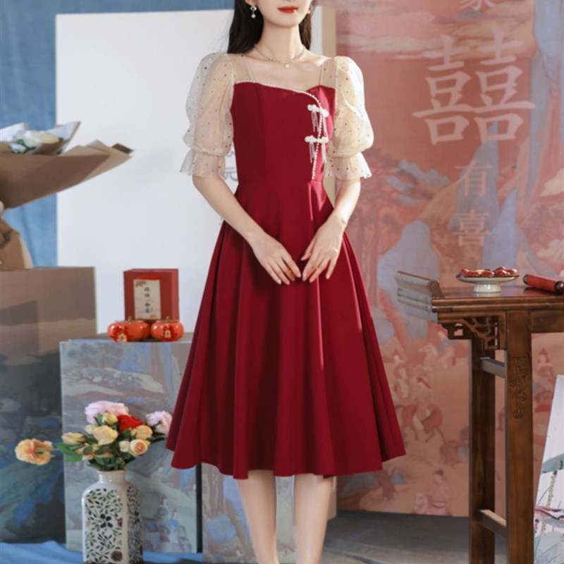 敬酒服新娘小个子春秋酒红色结婚小礼服女订婚回门连衣裙平时可穿