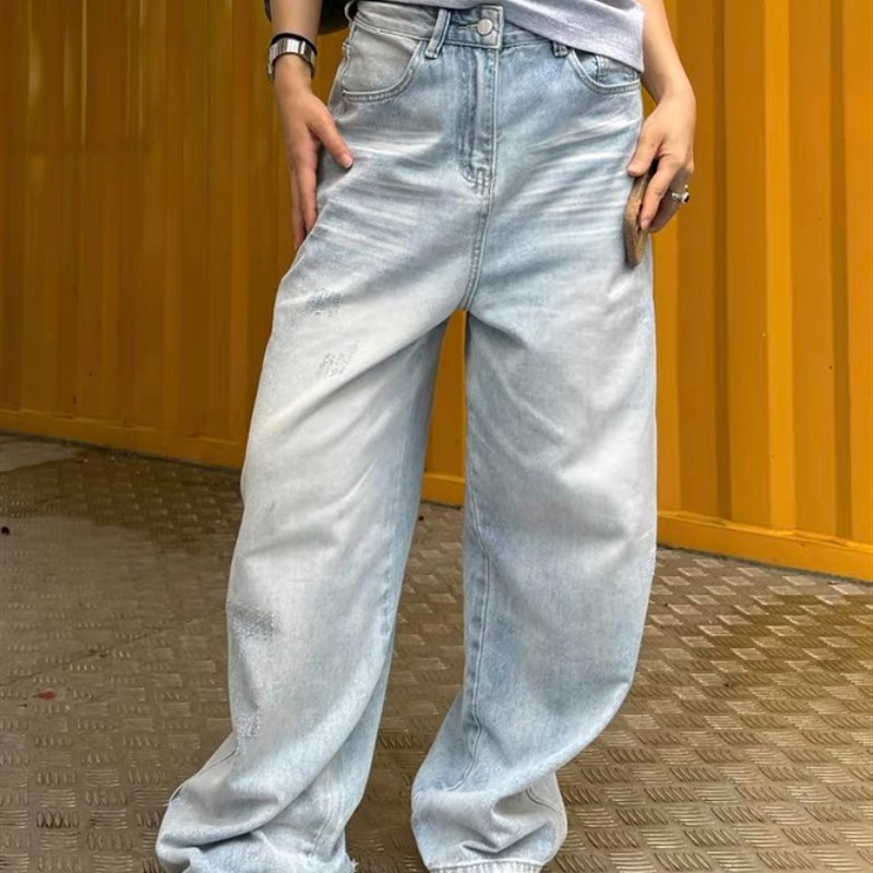 美式vibe大码复古水洗做旧宽松直筒牛仔裤男女街头裤脚割破阔腿裤