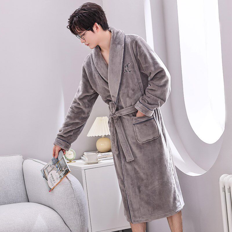 睡袍男秋冬季珊瑚绒加绒加厚法兰绒浴袍男款冬天大码长款睡衣晨袍