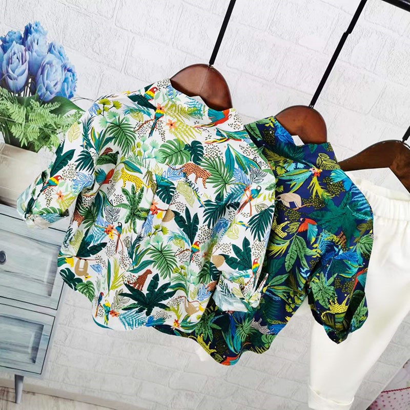 儿童花色衬衫宝宝复古衬衣2024新款春夏秋装男女童夏威夷风花衬衣