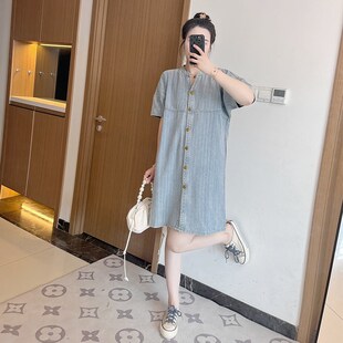 高级感遮肚子设计感衬衫 胖mm2024新款 牛仔显瘦连衣裙 女装 V领大码