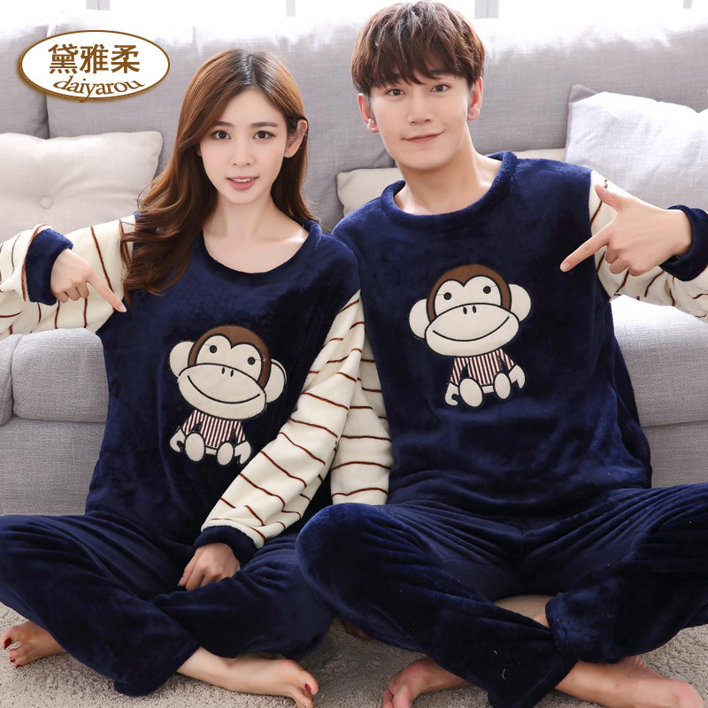 冬季长袖珊瑚绒情侣睡衣女可爱卡通学生加厚法兰绒男士家居服套装