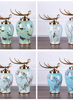 欧式摆件客厅玄关将军罐美式乡村家居装饰品样板房摆件摆设花鸟罐