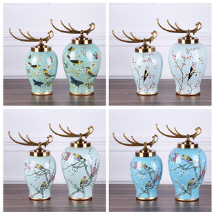 饰品样板房摆件摆设花鸟罐 乡村家居装 欧式 摆件客厅玄关将军罐美式