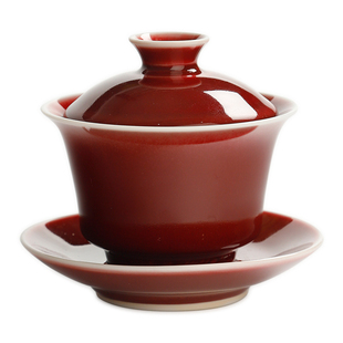 朗红釉三才盖碗茶杯陶瓷敬茶碗家用单个泡茶碗茶盏功夫茶具不烫手