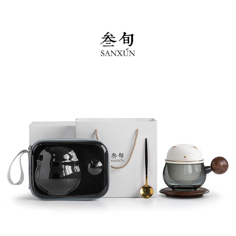 叁旬招财猫玻璃轻奢茶咖茶水分离泡茶杯一体杯高档办公室咖啡杯子