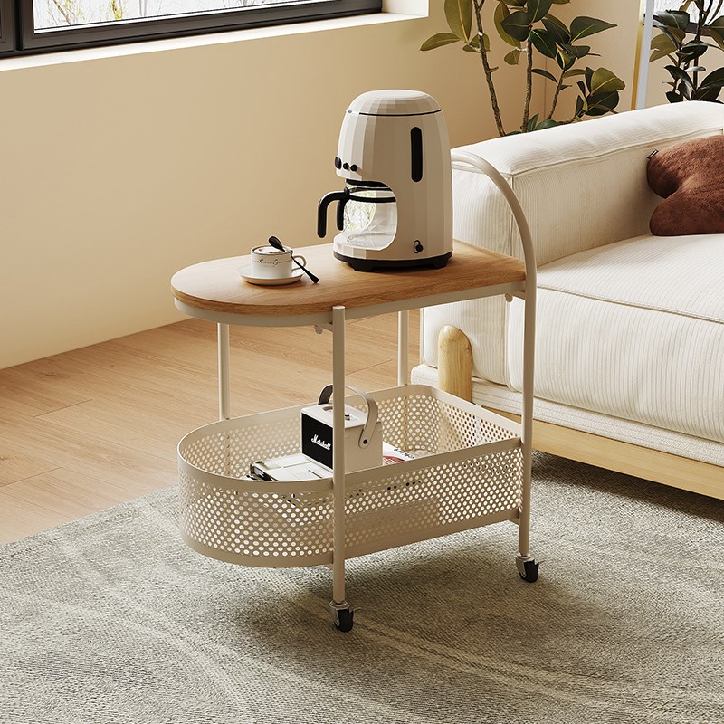 带轮可移动沙发边几客厅小茶几卧室奶油原木风床头铁艺简易小推车