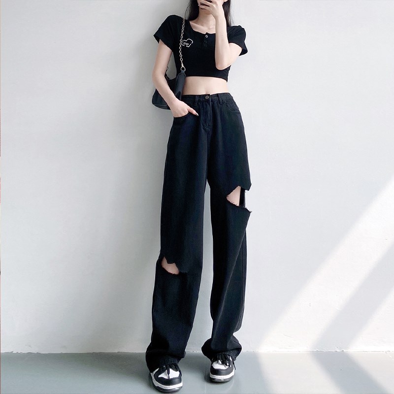 胖mm特大码300斤黑色显瘦牛仔裤女夏季梨形身材破洞直筒阔腿裤子