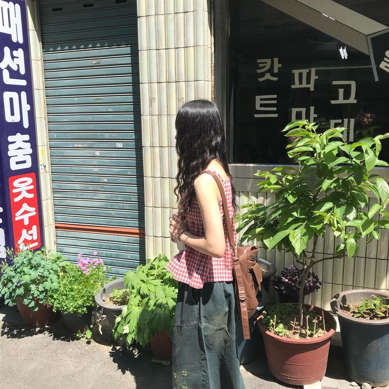 夏日小记 可爱小红格子纽扣背心衬衫 少女系宽松吊带无袖小衫上衣