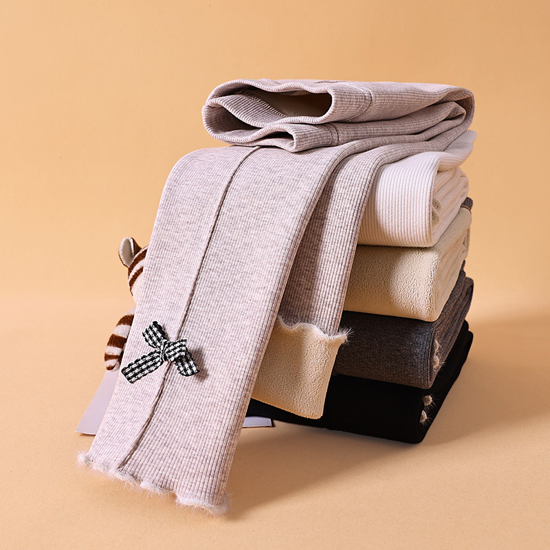 女童内搭裤秋冬款加绒加厚白色儿童裤子一体绒女宝宝外穿坑条长裤