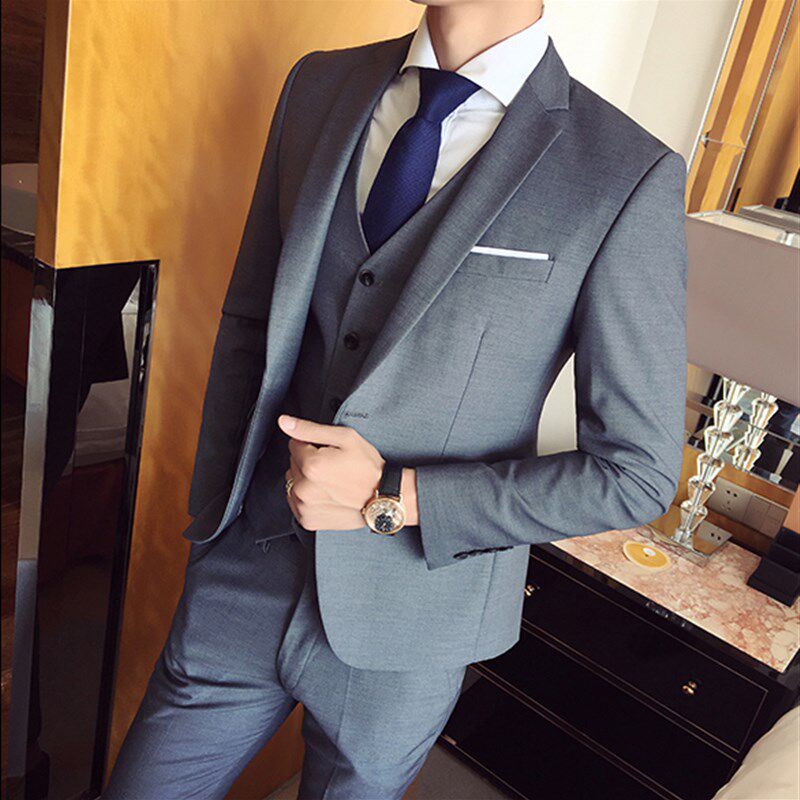 男士休闲商务西服套装大号职业西装男修身大码新郎结婚礼服三件套