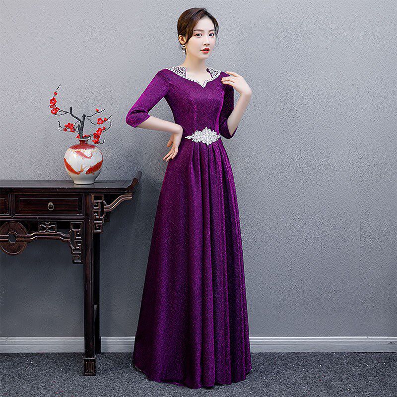 合唱团演出服女长裙2021新款礼服蓝色迎宾主持司仪大合唱演出服装