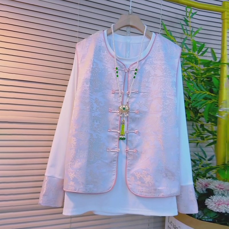 胖妹妹新中式民族复古风盘扣马甲2025春季大码女装长袖打底两件套