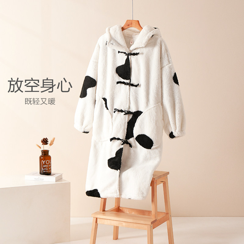 【香菇来了】睡袍冬季甜美卡通睡衣女奶牛连帽珊瑚绒睡裙家居服