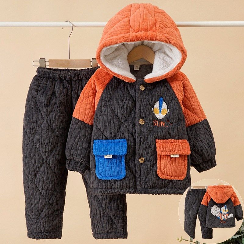 冬季男童加厚睡衣2022新款三层夹棉宝宝小孩连帽法兰绒儿童家居服