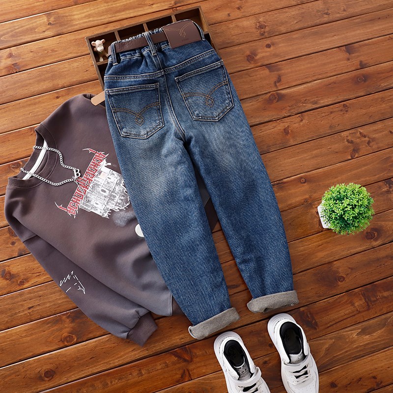 男童蓝色瘦版牛仔裤中大童春秋季裤子儿童柔软弹力修身小脚裤长裤