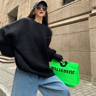 BF慵懒风套头复古宽松毛衣外穿秋冬韩版 女生百搭中长款 圆领针织衫