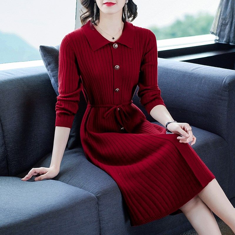 酒红色连衣裙春季高端女中年妈妈春装洋气针织打底中长款毛衣裙子