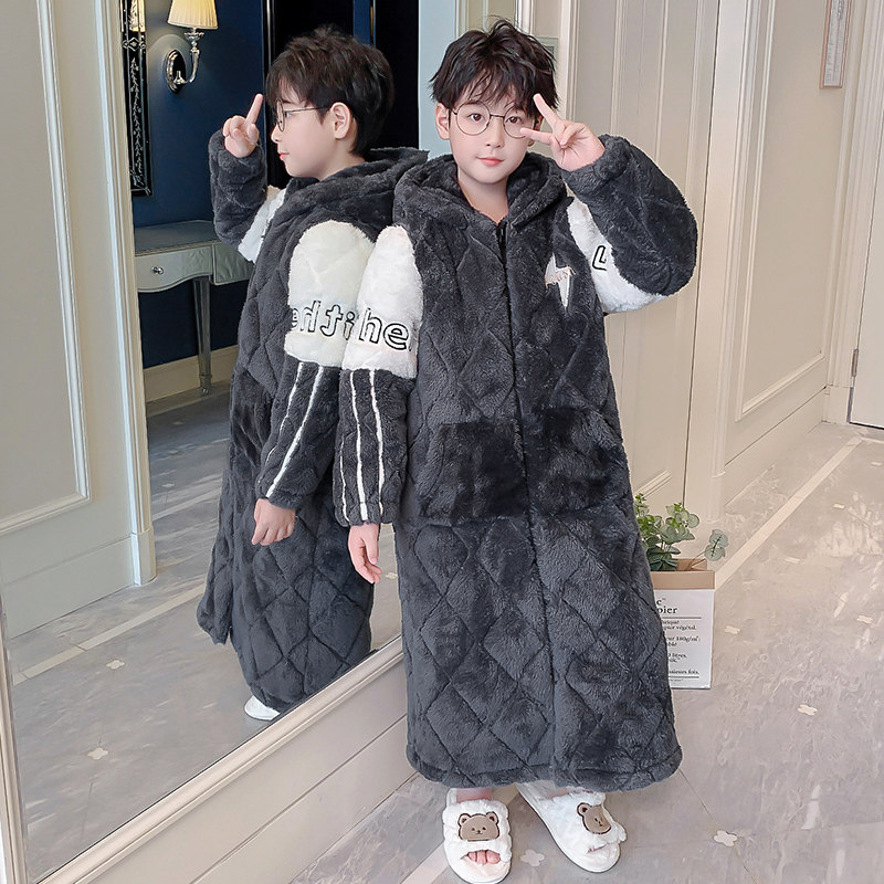 儿童睡袍冬季三层夹棉珊瑚绒加厚款睡衣男童中大童法兰绒浴袍