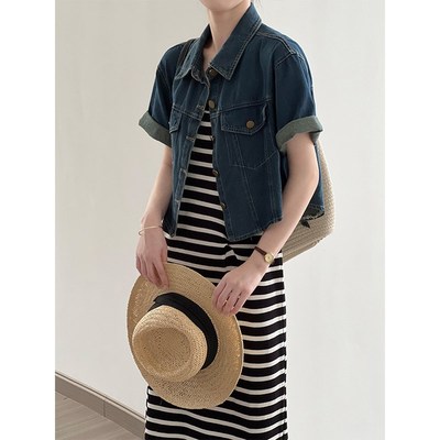 蓝色牛仔短袖衬衫小外套搭配裙子女2024夏季新款薄款宽松短款上衣