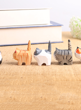 手工木雕小猫咪桌面摆件木质雕刻工艺品呆萌可爱创意礼品玩具玩偶