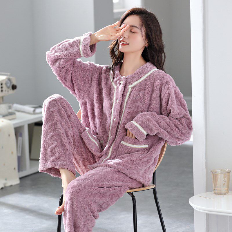 珊瑚绒睡衣女无领加厚绒开衫大码女式圆领中年妈妈女款家居服冬季