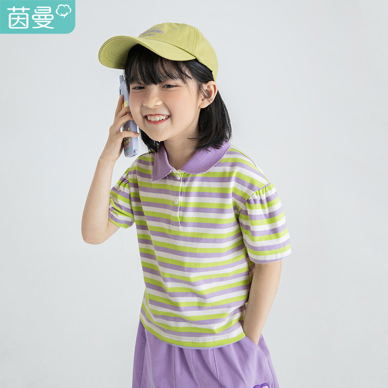茵曼童装女童短袖t恤2023新款夏款POLO领翻领彩虹条纹上衣怎么样,好用不?