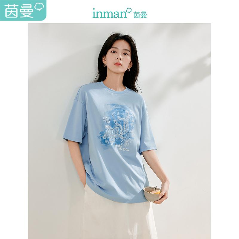 【商场同款】茵曼休闲纯棉T恤2025夏季女装时尚印花短袖宽松上衣