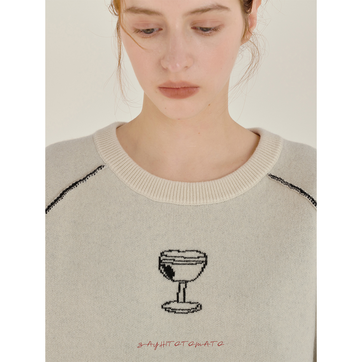 sayhitotomato【酒杯庆祝】全羊毛反缝立体插肩袖圆领宽松毛衣