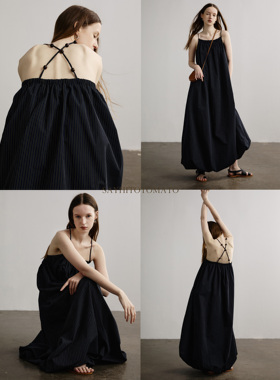 Sayhitotomato露背串珠撞色条纹长裙24新款长款花苞吊带连衣裙