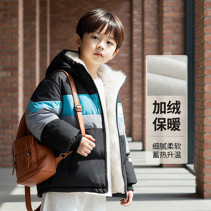 2025秋冬季儿童秋冬装男宝宝男童加绒外套印花连帽上衣保暖中小童
