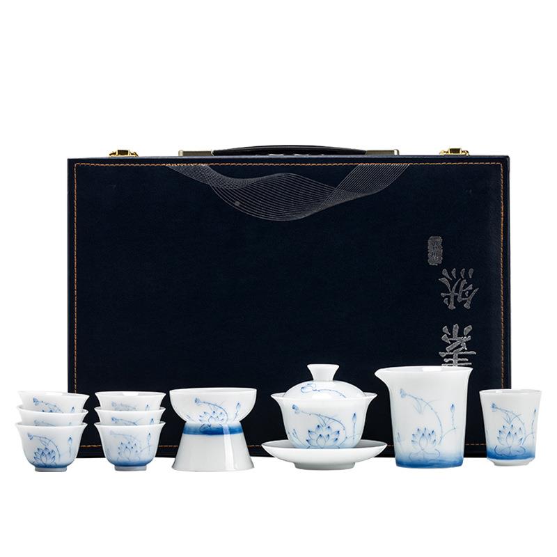 化白德瓷手墨荷釉下彩盖碗茶杯冰种玉瓷高温绘功茶具轻夫冰种奢套