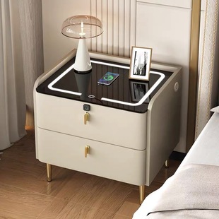 欧派智能床头柜现代简约无线充多功能实木指纹锁轻奢高级感卧室床