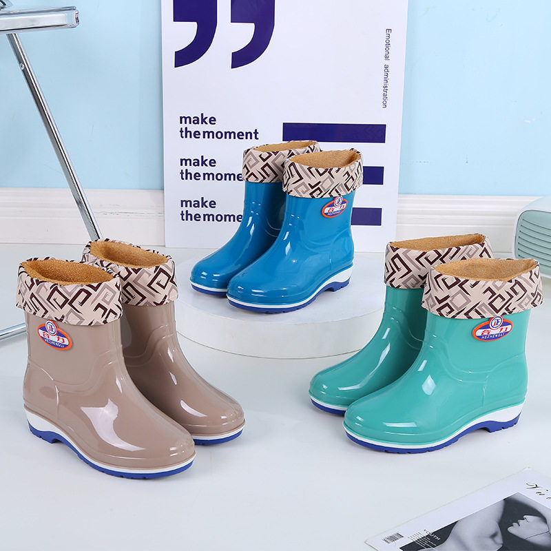 时尚棉雨鞋女防水防滑加绒保暖中筒胶鞋工作水鞋女士轻便套鞋冬季