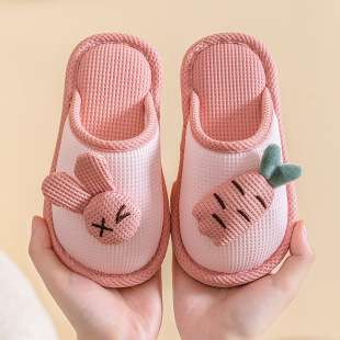 包头棉拖鞋女童秋冬室内透气萝卜兔静音卡通防滑亲子拖鞋亚麻冬天