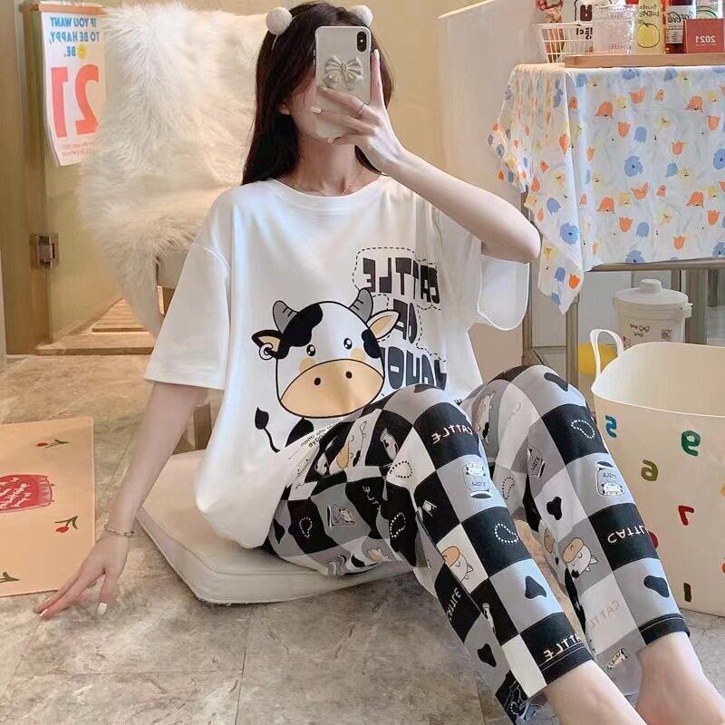 女士夏季短袖卡通甜美家居服套装
