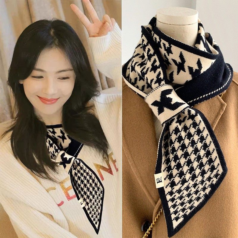 护颈小围巾女2024新款秋冬季春秋千鸟格气质百搭脖子脖套懒人围脖