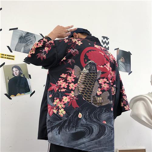 日系复古浮世绘道袍开衫和服男女中国风鲈鱼宽松七分袖衬衣外套潮
