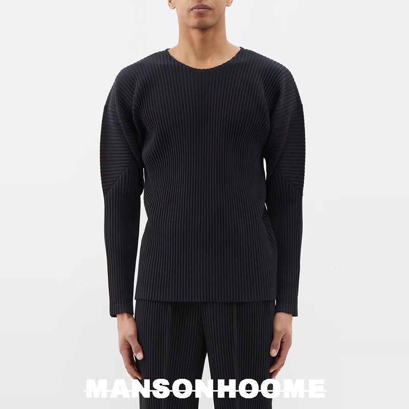 thumbnail for Minimalist Series | High-End Non-Issey Miyake Pleated Loose Casual Drop-Shoulder Base Shirt Round Neck Long Sleeve T-Shirt Jk021