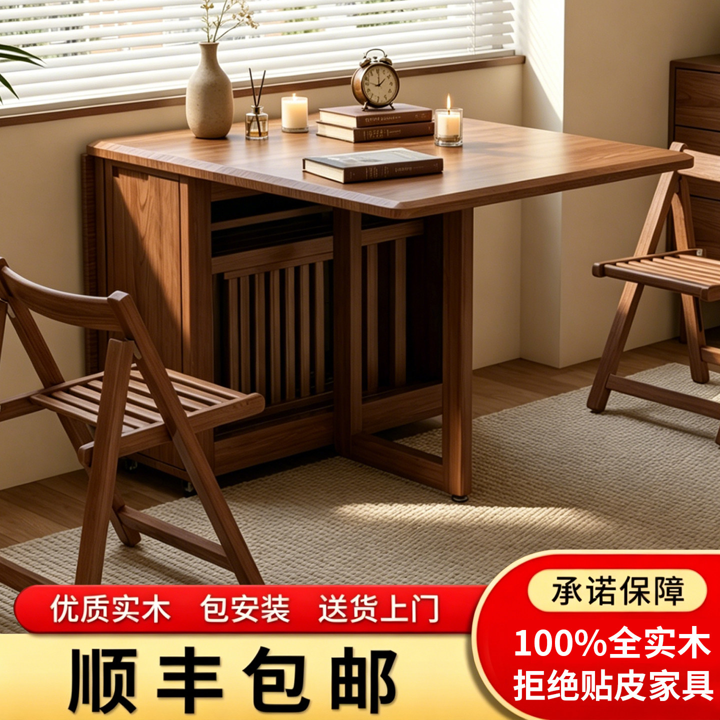全实木折叠餐桌小户型家用长方形饭桌餐桌椅可折叠折叠桌吃饭桌子