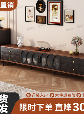 中古风电视柜现代简约家用客厅小户型法式黑色复古电视柜茶几组合