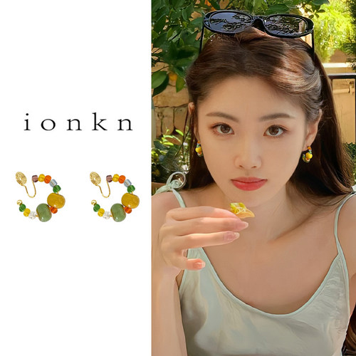彩色串珠耳夹女气质新款独特好看