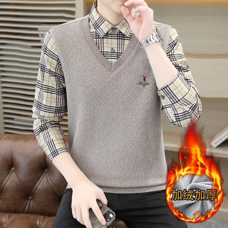 一体绒假两件毛衣男士冬季