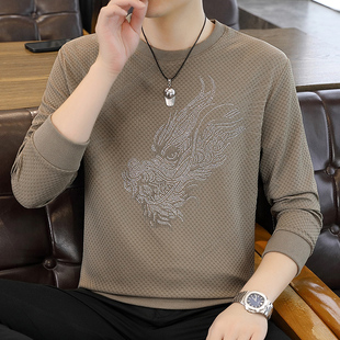 T恤宽松打底衫 2025秋季 长袖 卫衣男烫钻龙头时尚 圆领上衣潮流 新款