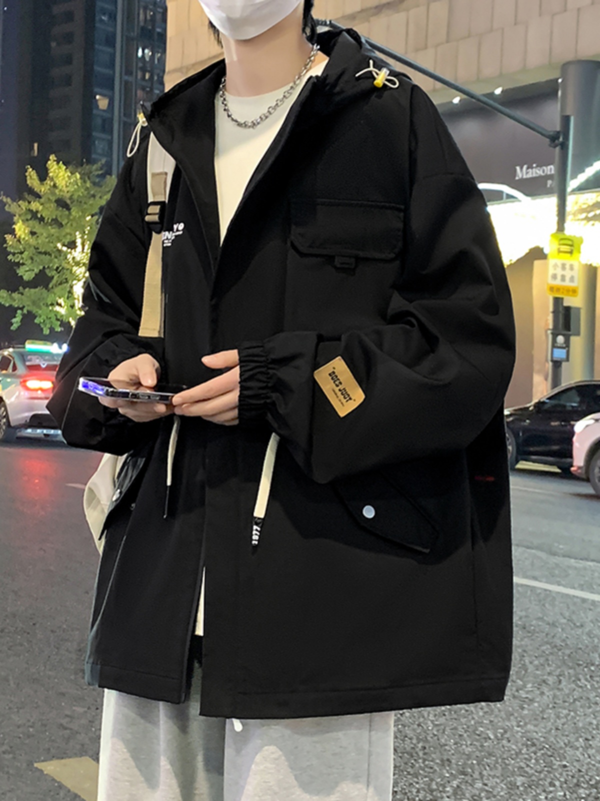 工装加绒加厚外套男春秋季青少年宽松大码夹克初中高中学生冲锋衣