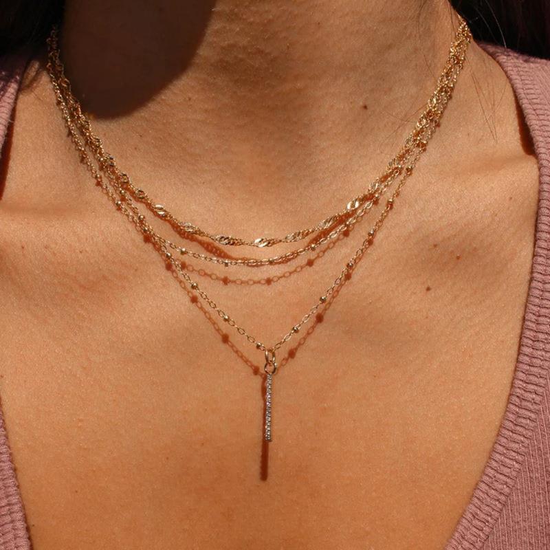 necklaces women时尚多层叠戴项链项链女满钻小坚条吊坠锁骨链